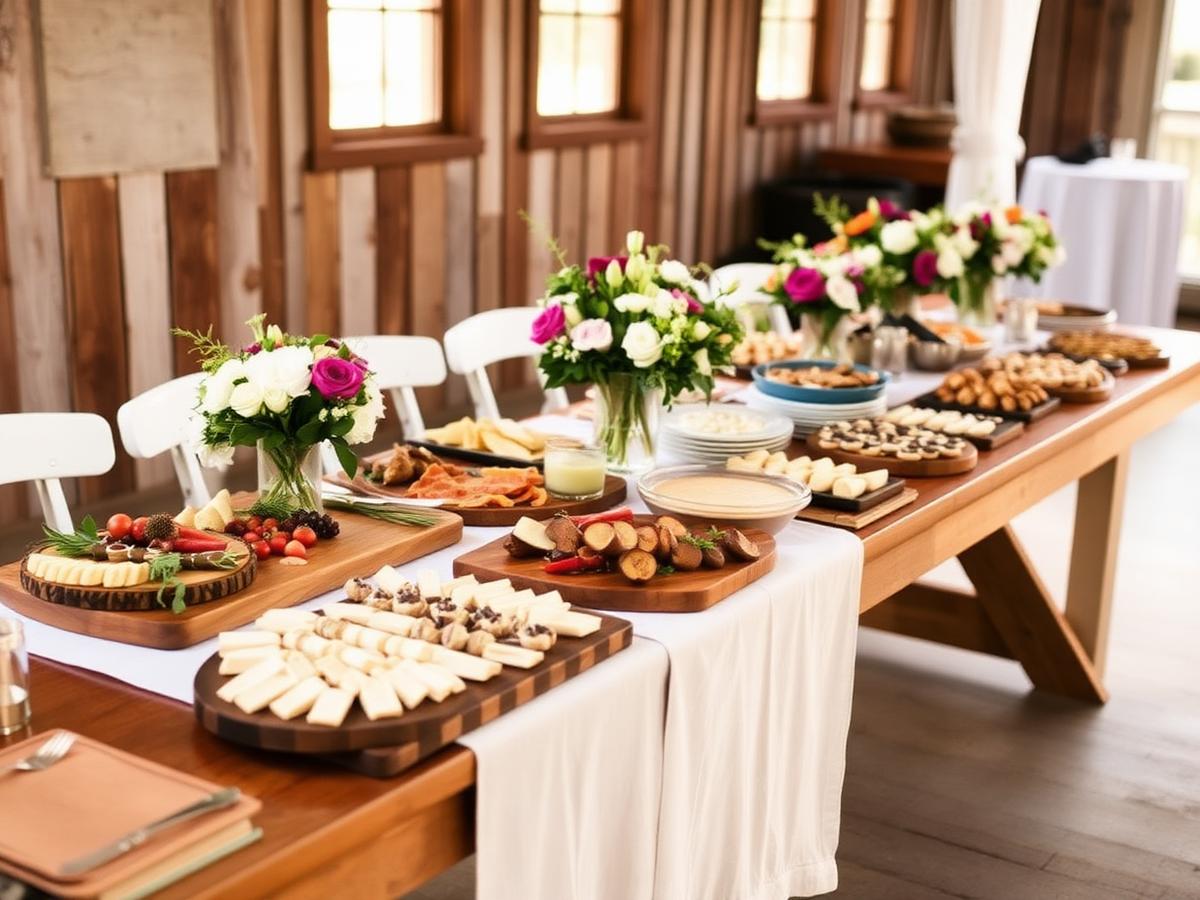 Rustic catering table with charcuterie boards and florals