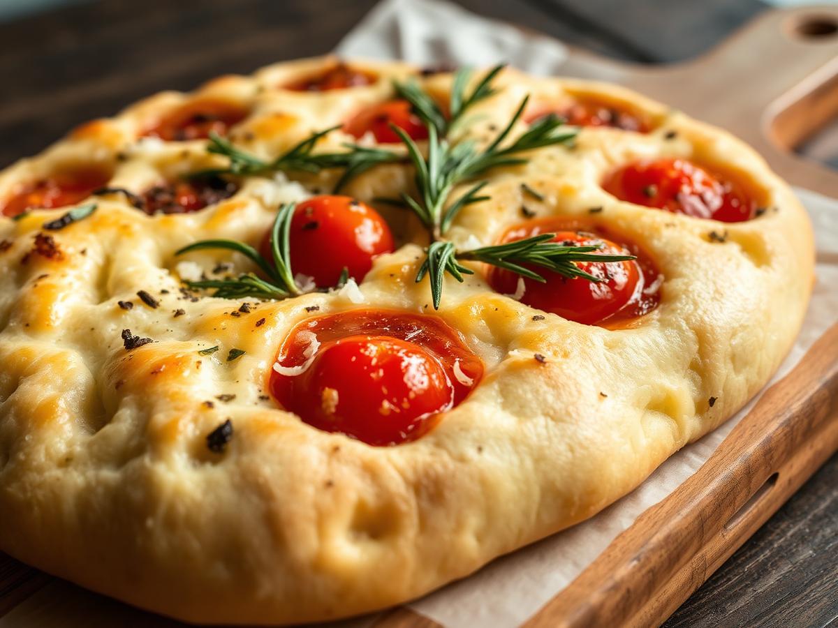 Artisanal focaccia with rosemary and tomatoes on a wooden board